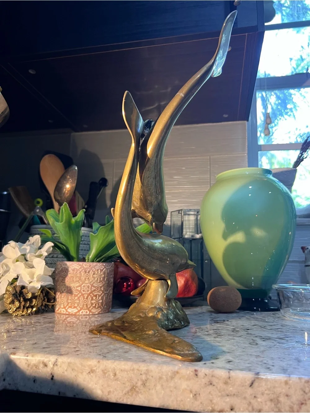Mid Century Golden Brass Dolphin Duo Sculpture Tall!